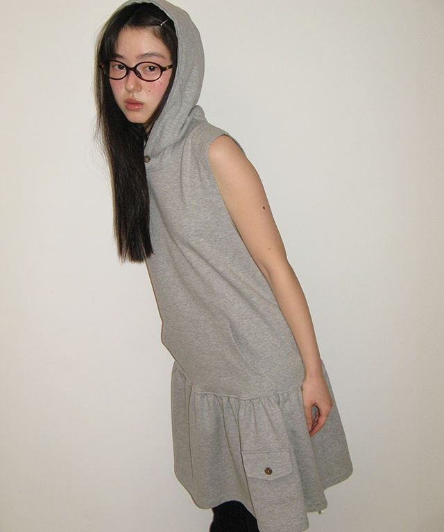 MUSINSA | RONRON LAYERED SLEEVELESS HOODIE DRESS GREY