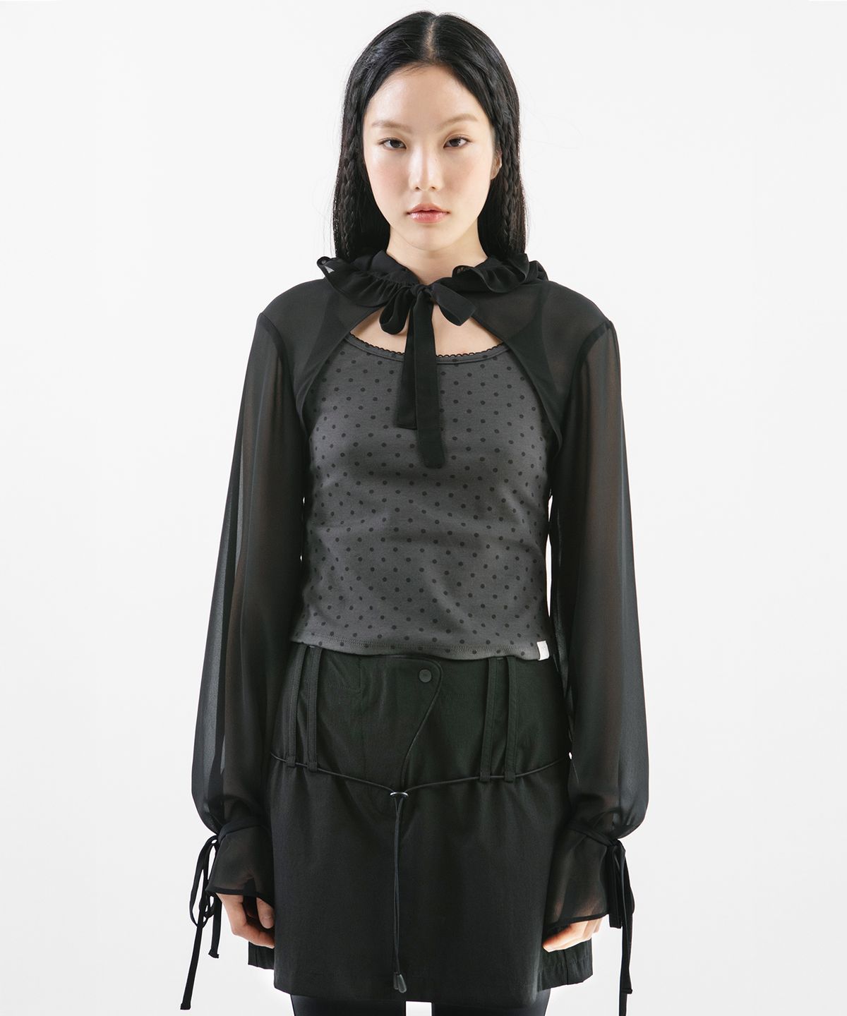 뚜오미오(TUOMIO) CHIFFON HOODED BOLERO [BLACK]
