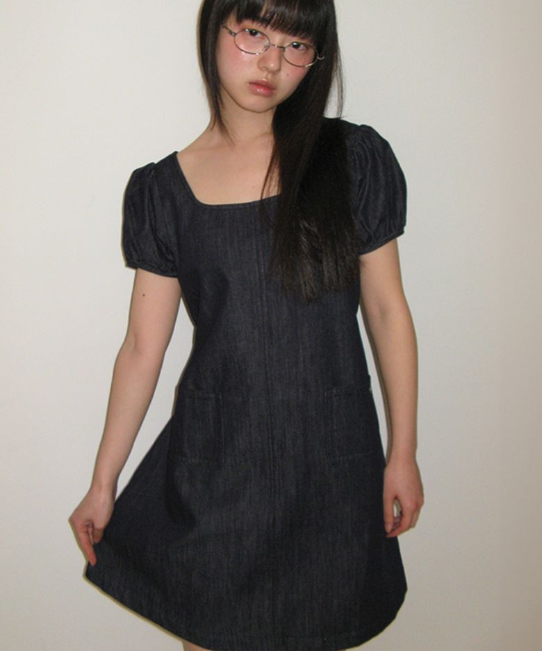 NON FADE POCKET HEART POINT DENIM DRESS INDIGO BLUE