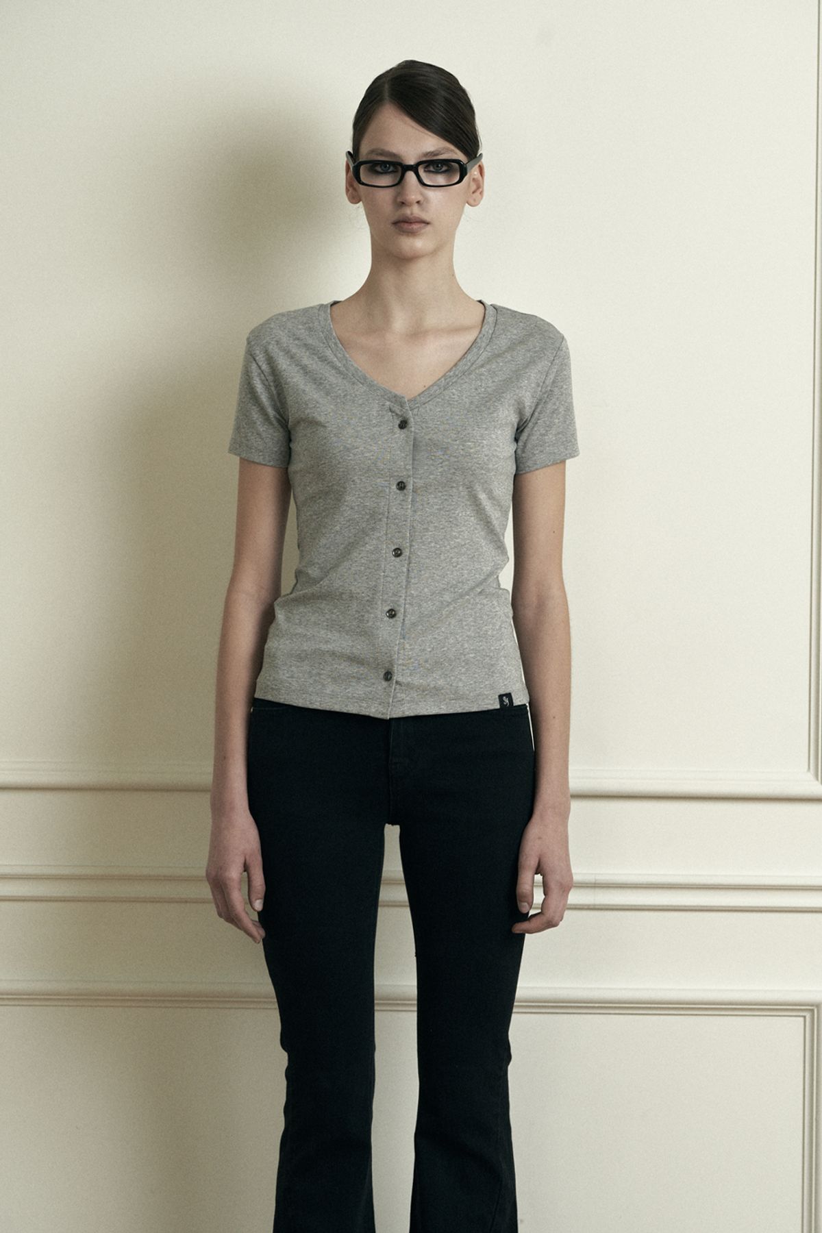시너진(SYNERJYN) PLAIN V-NECK SHORT SLEEVE CARDIGAN MELANGE
