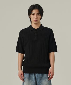 케이블 하프 집업 카라 반팔니트 (블랙)