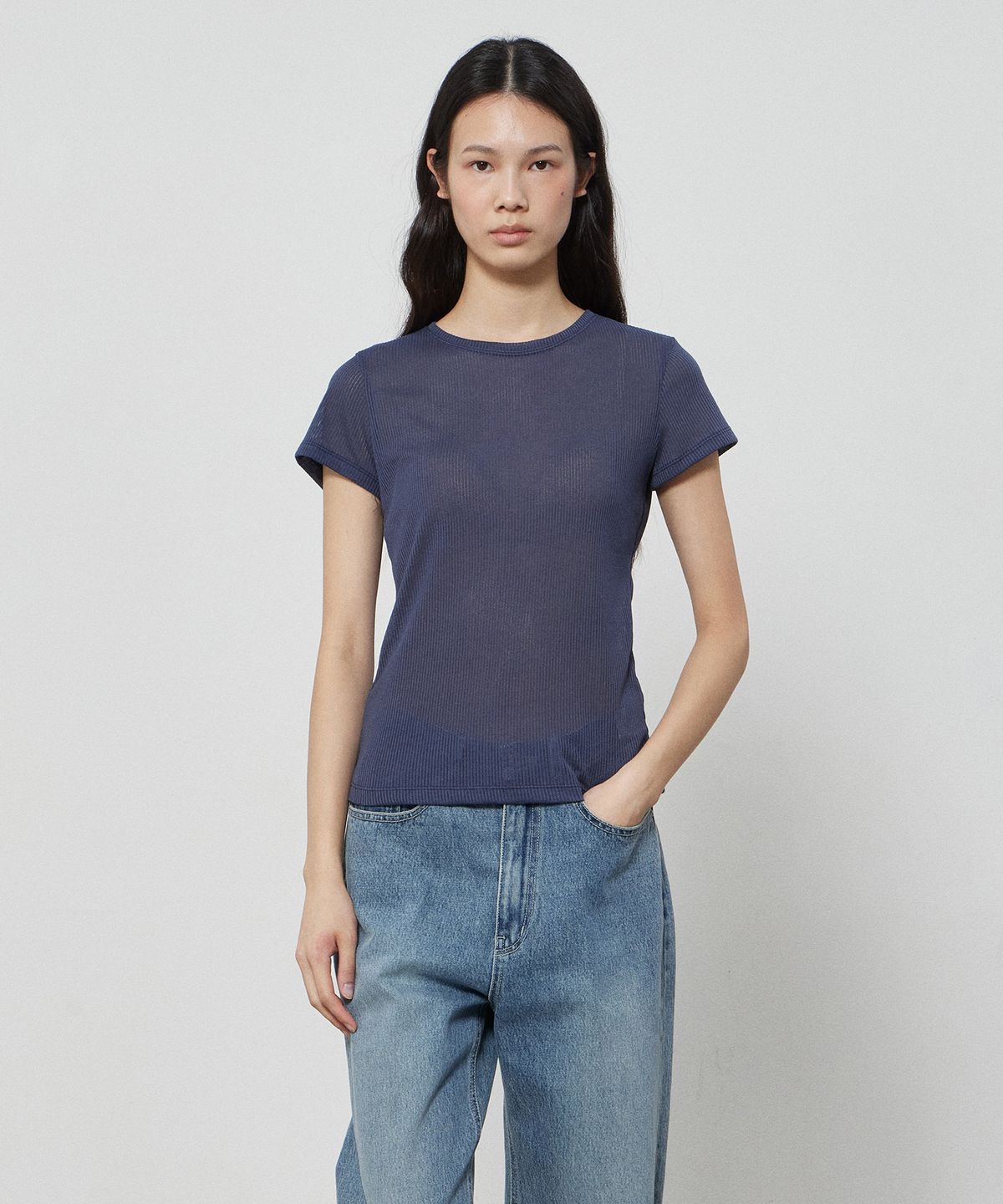 노티아(NOTIA) SUMMER RIBBED T-SHIRT - NAVY