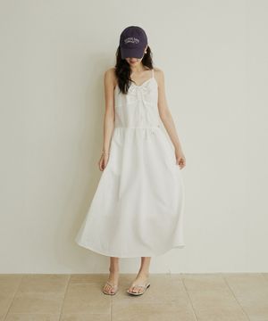 Front drawstring sleeveless long dress - white