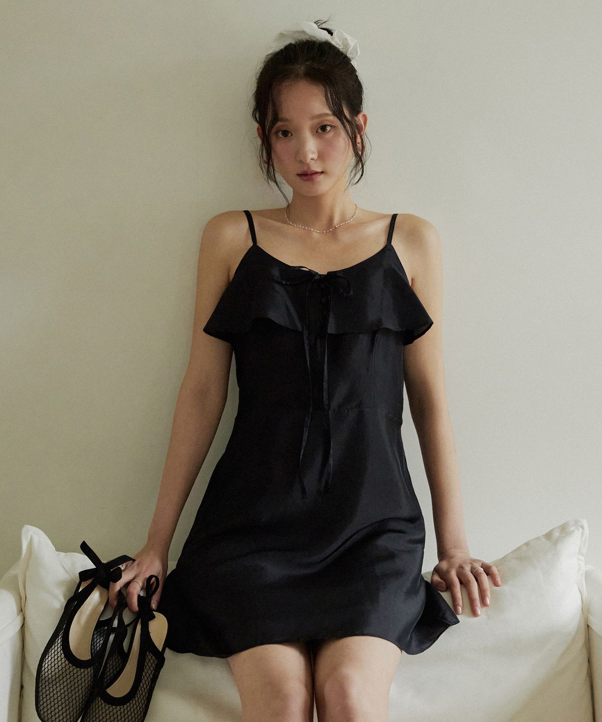 어다울(ADAUL) Flare ruffle ribbon sleeveless mini dress - navy