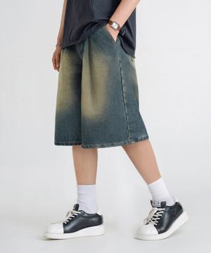 버뮤다 와이드 원턱 데님 밴딩 쇼츠 [샌드블루]