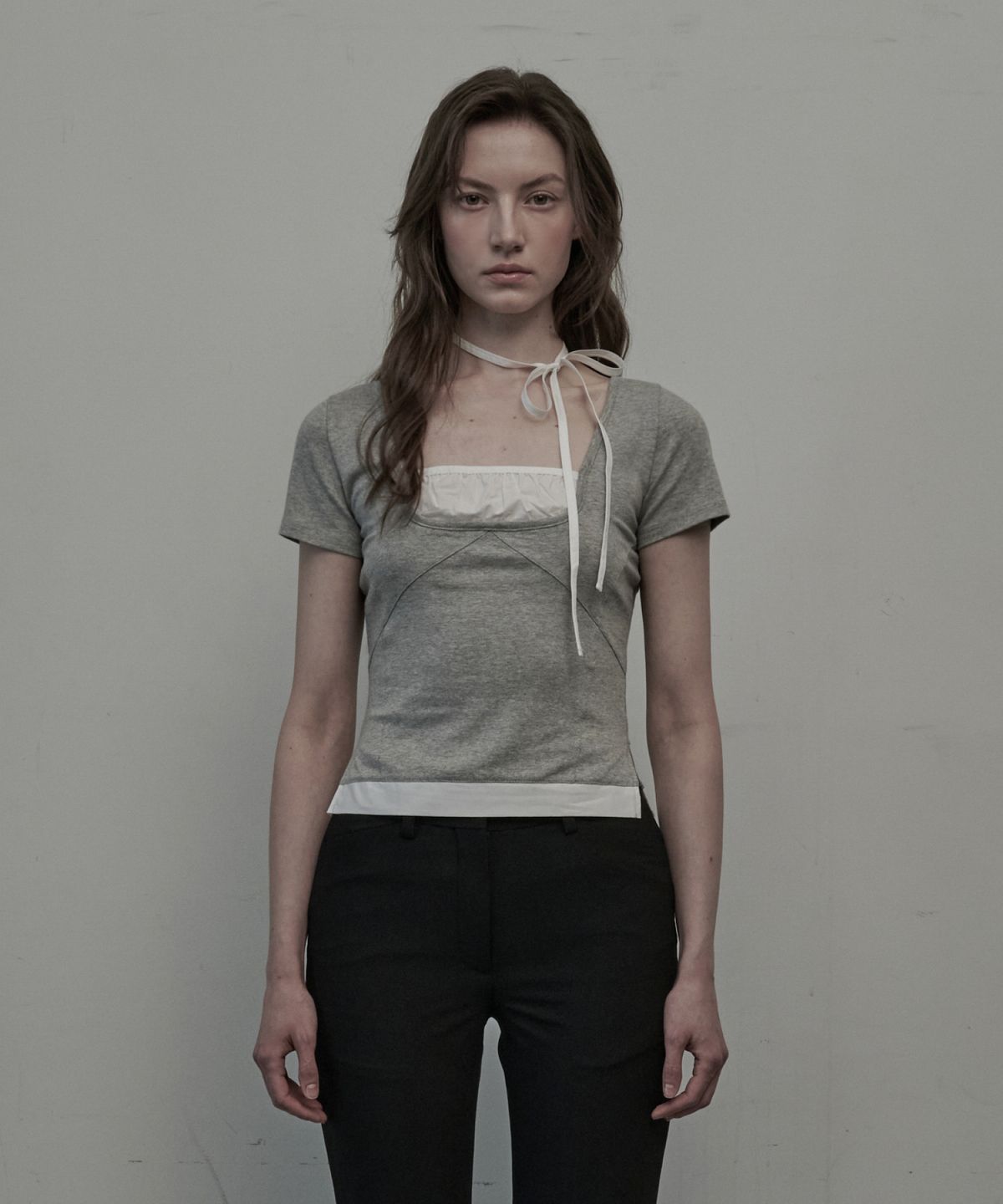 마우솔레움(MAU SOLEUM) Flirt String Shirring T-Shirt - Melange Grey