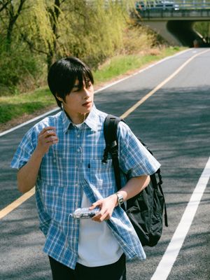 더블 포켓 체크 셔츠(라이트 블루)