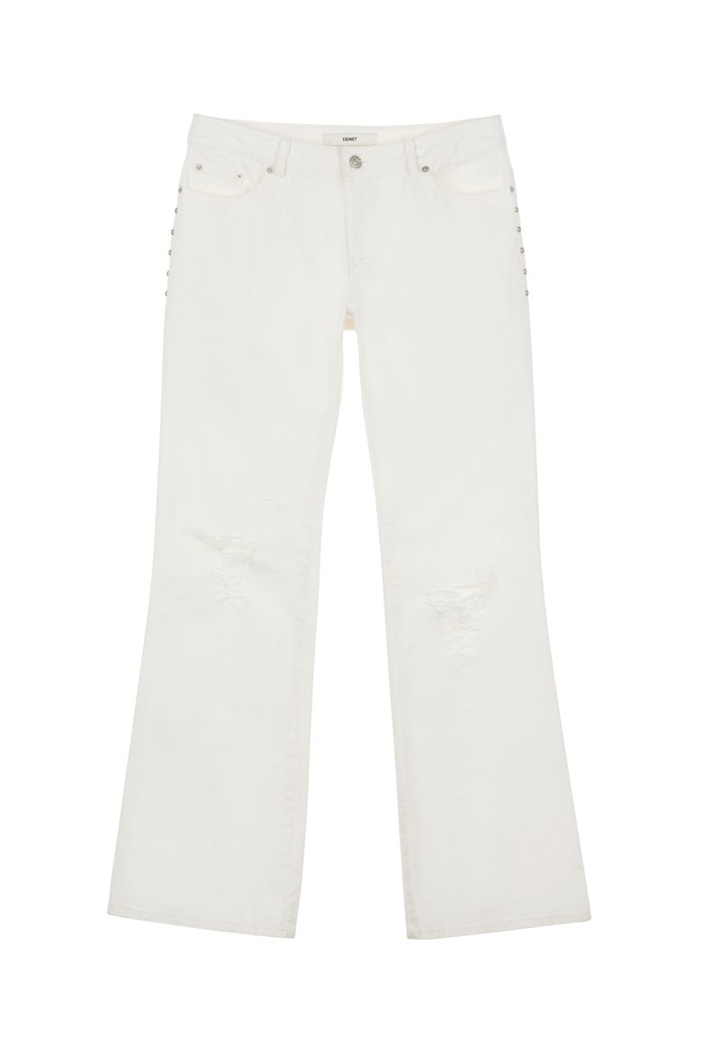 STUD LINE DAMEGE BOOTS CUT DENIM IN WHITE
