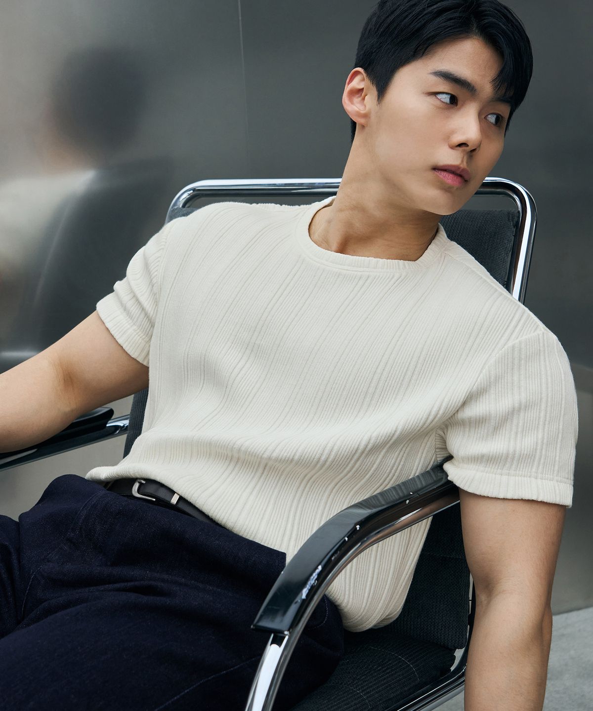 드로우핏(DRAW FIT) [DRAW FIT X MANJAE] 리브드 라운드 하프 티셔츠 [IVORY]