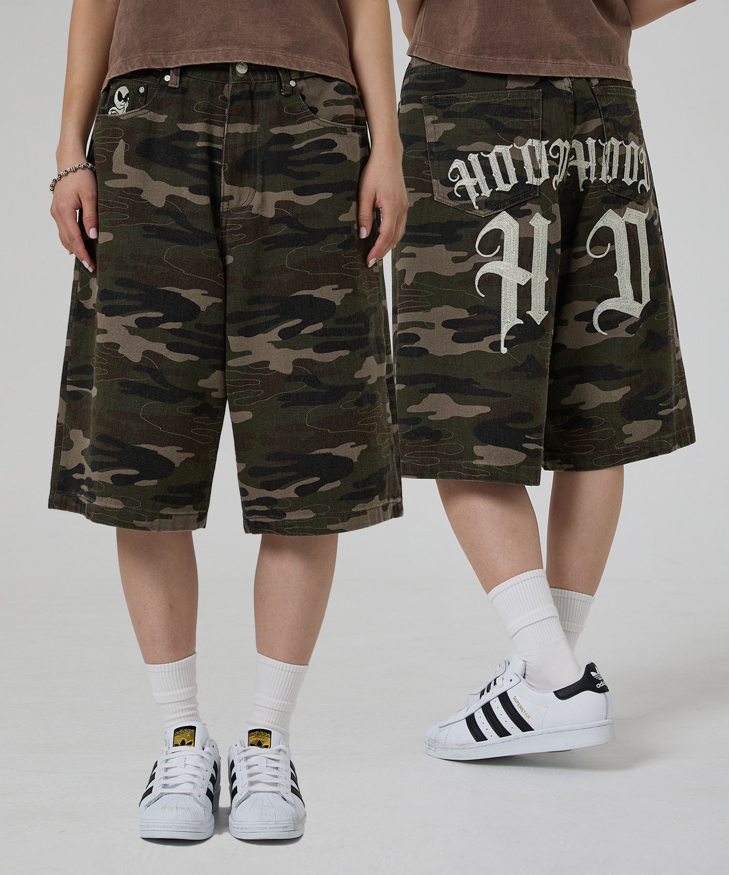 ◆HOODHOOD◆ HD Chain Embroidery Denim Pants Camo HDBE01PT02 MUSINSA公式 | HOODHOOD HD Chain Embroidery Bermuda Denim