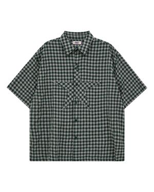 스타 아플리케 체크 반팔 셔츠 그린
