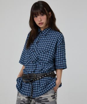 스타 아플리케 체크 반팔 셔츠 블루