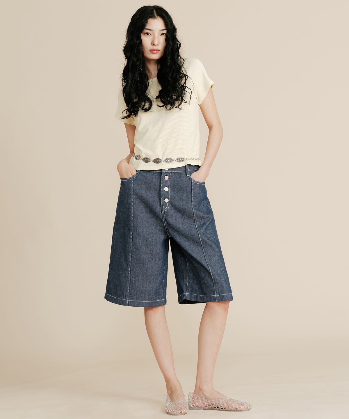 플랙 우먼(PLAC WOMEN) 스티치 포인트 버뮤다 팬츠 미드 블루