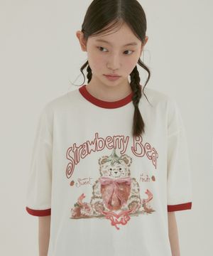 Strawberry Bear 그래픽 링거 반팔 티셔츠 AS1213 (아이보리)