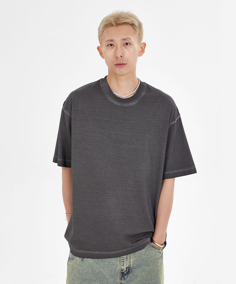 피그먼트 워싱 오버핏 크루넥 반팔 티셔츠_차콜