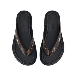 Stud Goatskin Flip Flops_Brown