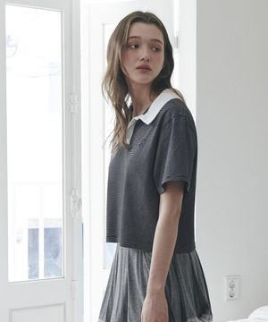 스트라이프 배색 카라티 블랙