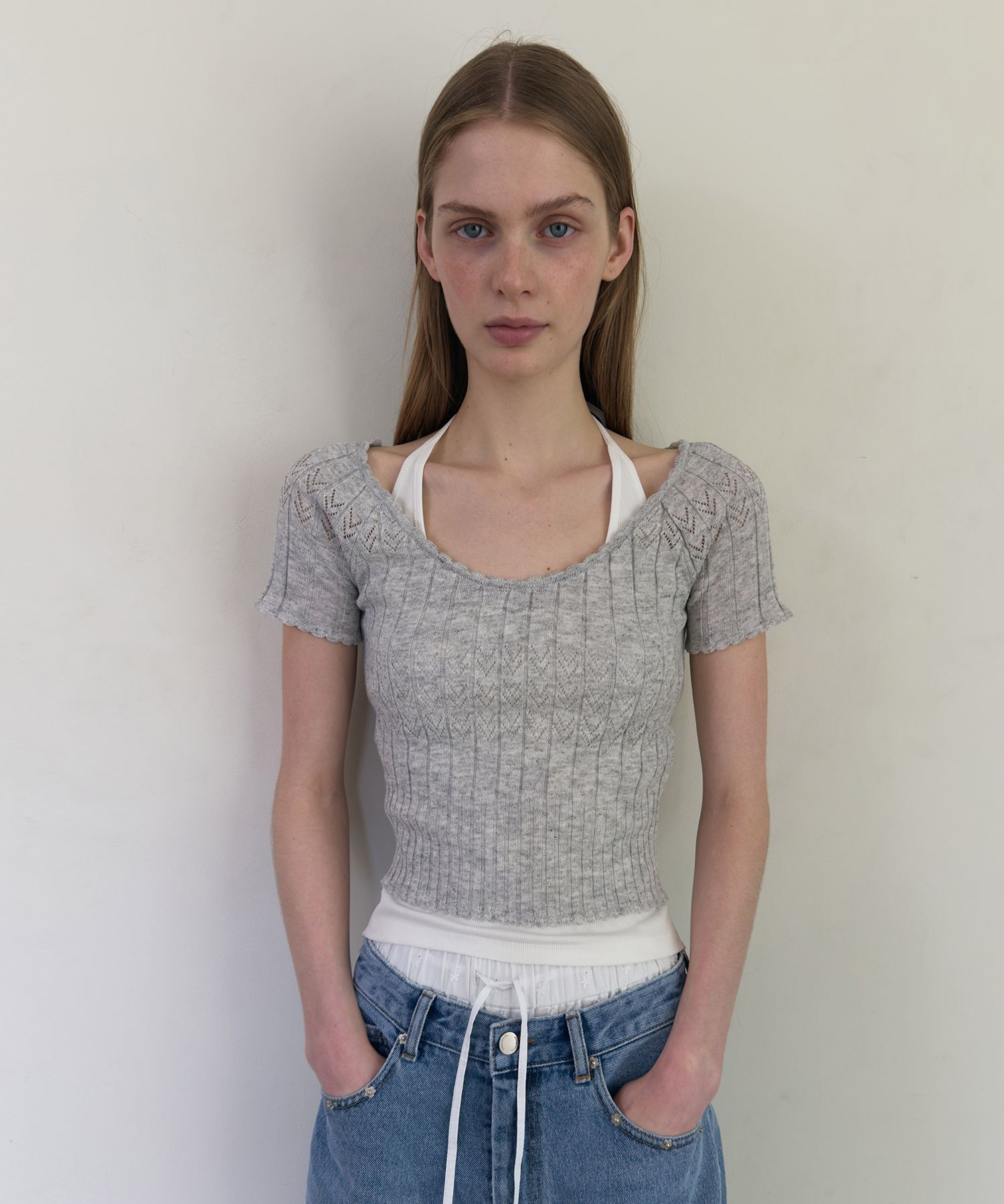 Tシャツ・カットソー DIAGONAL : 25SS / SCALLOP HALF SLEEVE KNIT (2COLORS) MUSINSA | DIAGONAL SCALLOP HALF SLEEVE KNIT (melange grey)