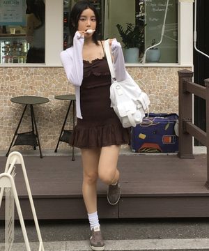 프릴 스모크 미니 드레스 (BROWN)