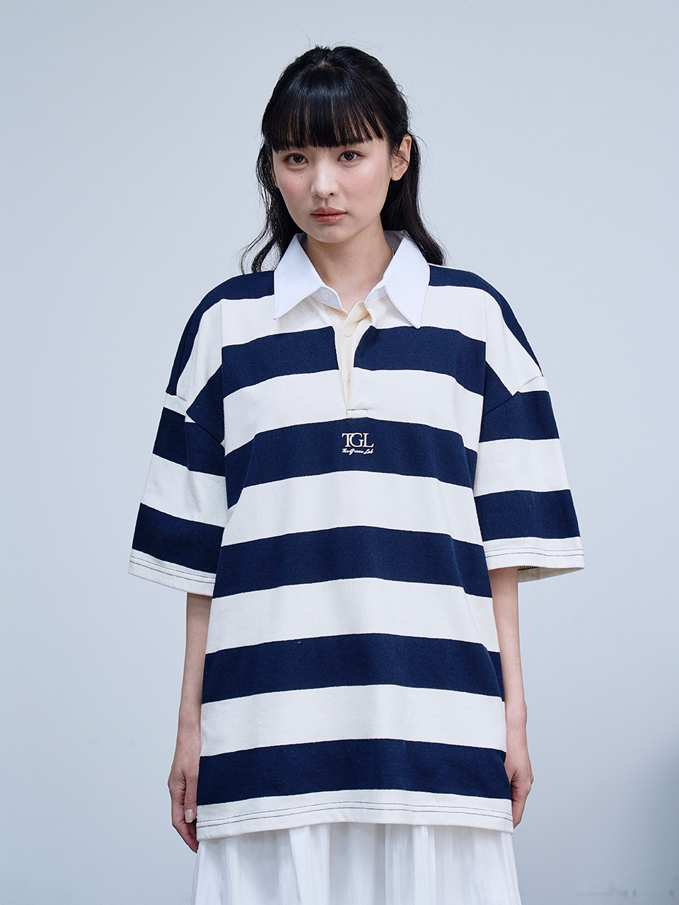 MUSINSA公式 | THE GREEN LAB ストライプラグビー襟半袖Tシャツ[ネイビー]