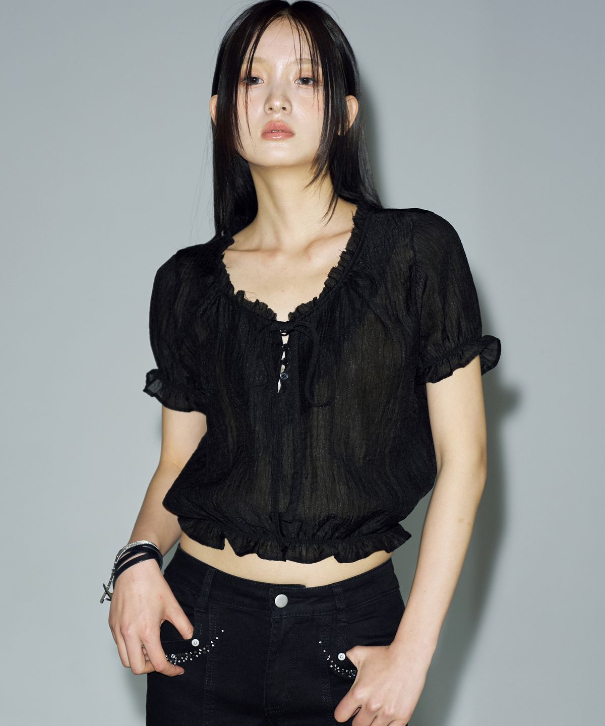 헬레네파리스(HELENE PARIS) 크리즈 시스루 썸머 셔츠 [블랙]