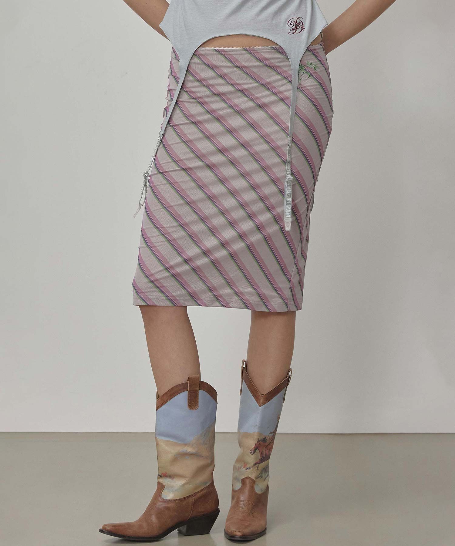스컬프터(SCULPTOR) Mesh Stripe Midi Skirt Baby Pink - 사이즈