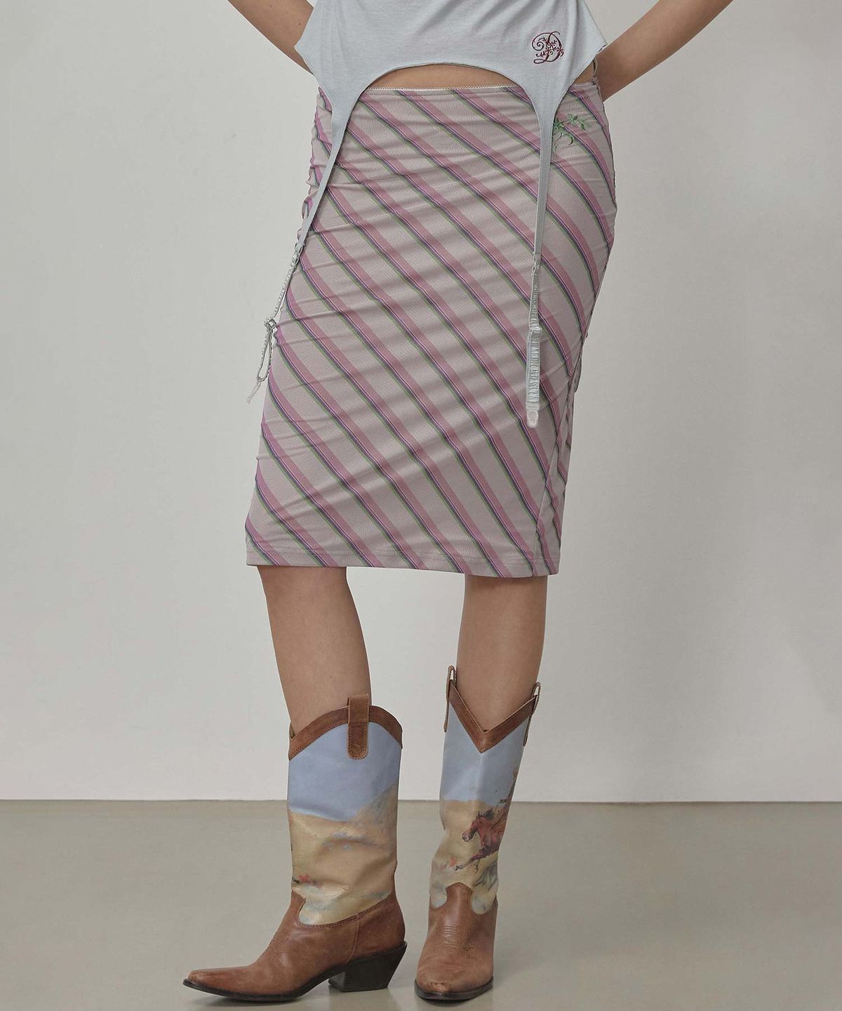 스컬프터(SCULPTOR) Mesh Stripe Midi Skirt Baby Pink