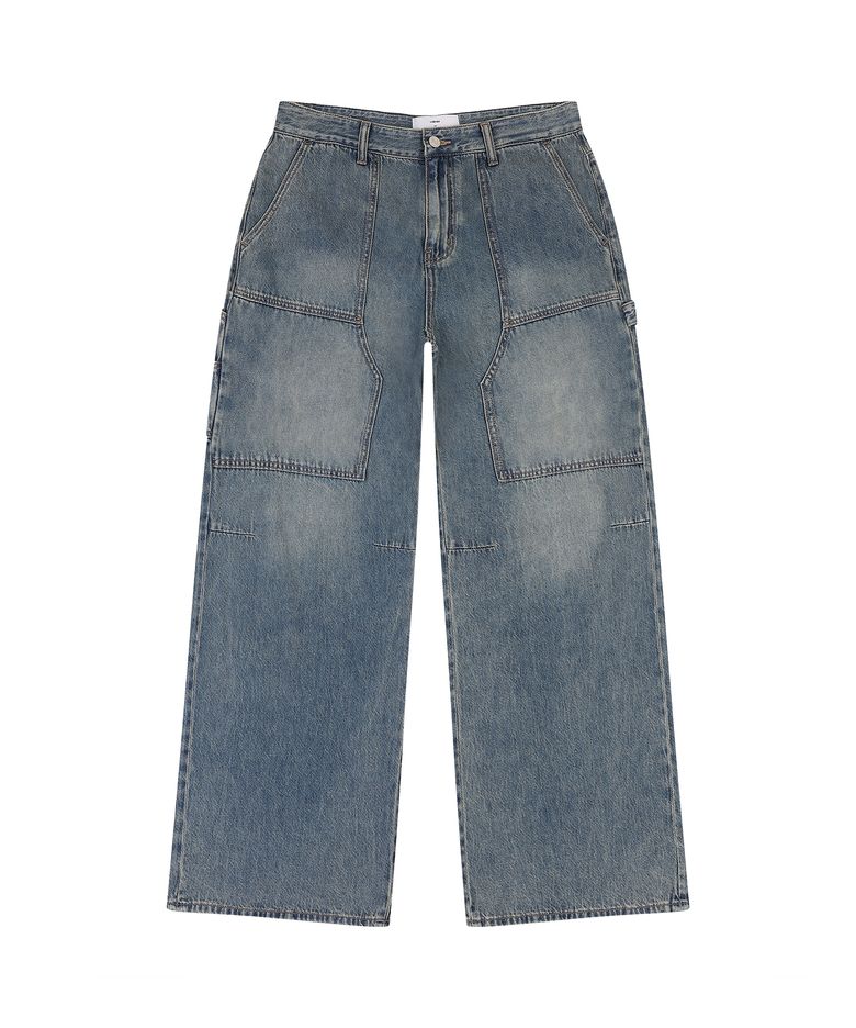 카펜터 더블니 틴워시 와이드 데님 팬츠 (MID BLUE)