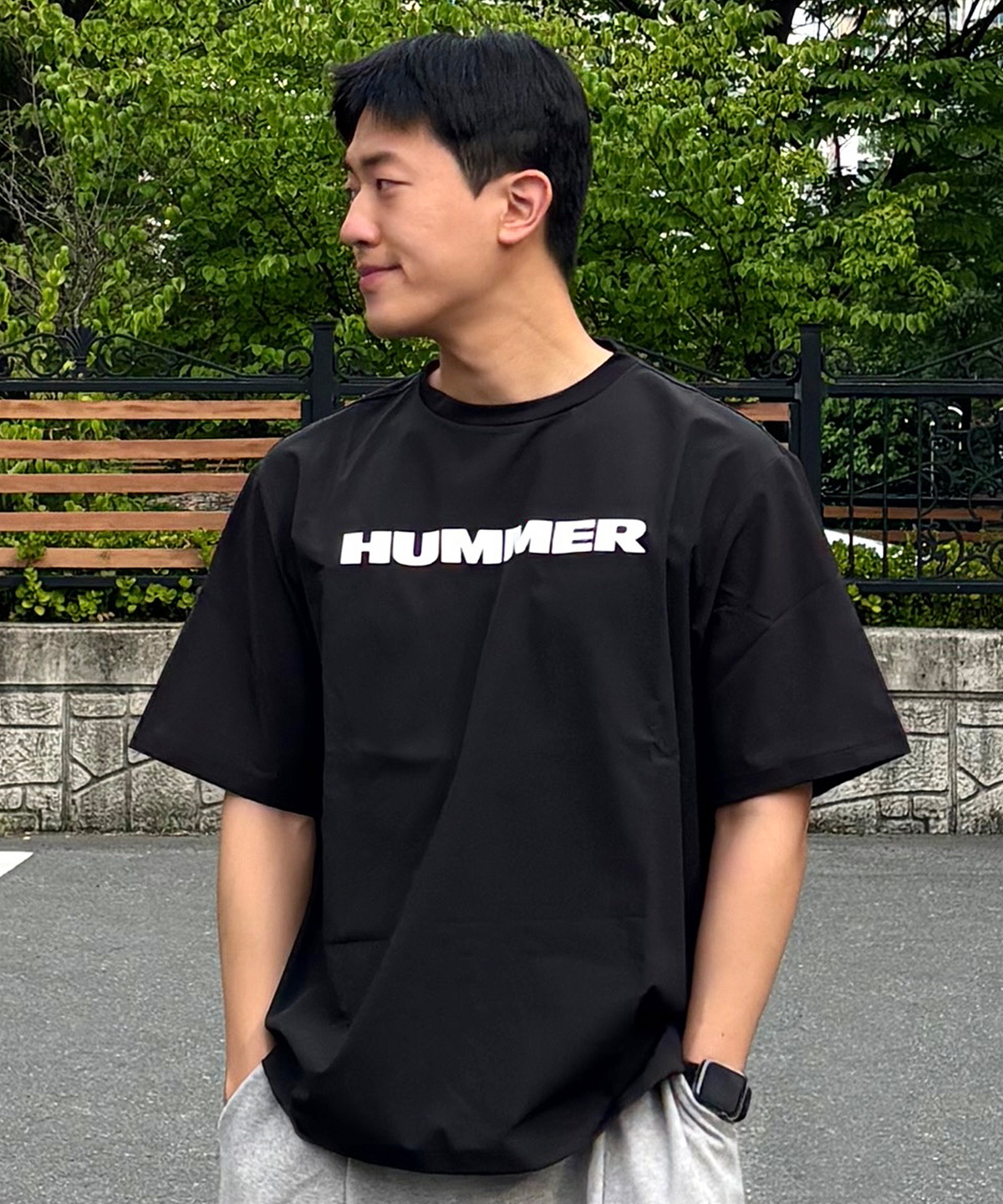 험머(HUMMER) 시그니처 로고 쿨링 우븐 반팔 티셔츠 블랙