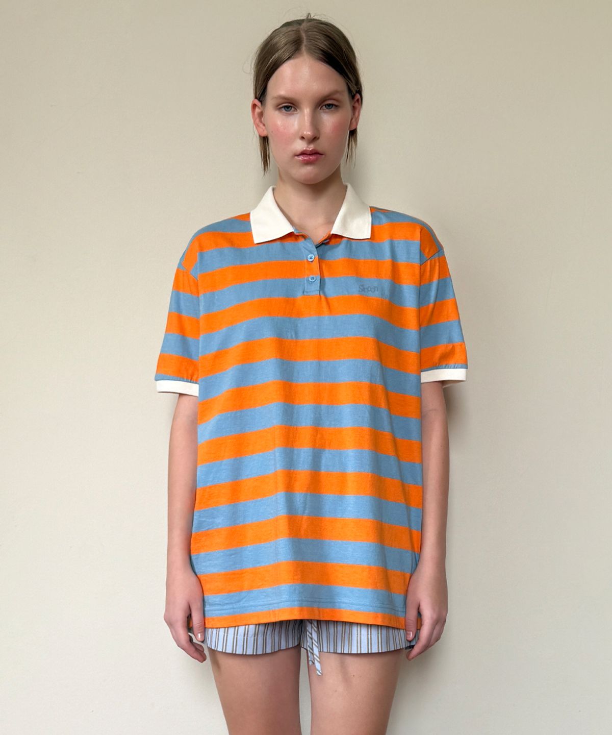 시눈(SINOON) Bold Stripe Half Sleeve PK Shirt (Orange)