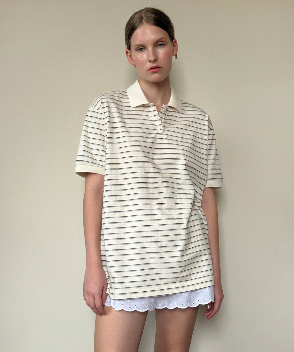 시눈(SINOON) Stripe Half Sleeve PK Shirt (Ivory)