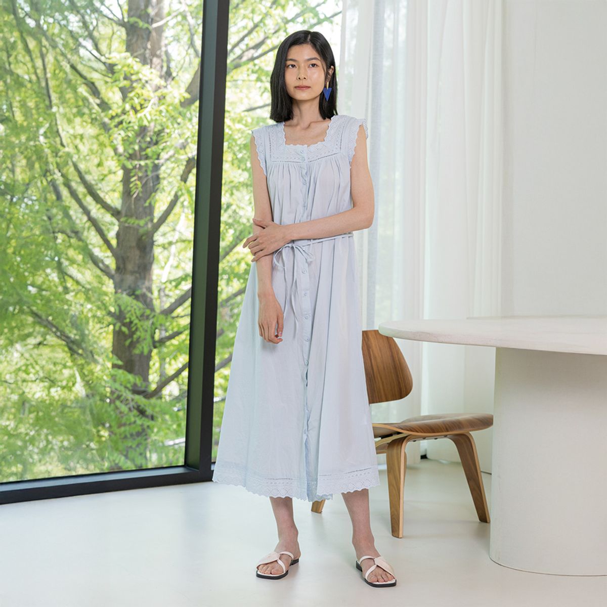 랭썬(LANGSON) LS_Square neck buttons dress_BLUE