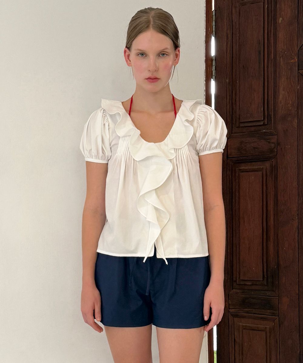 トップス SINOON V-Neck Frill Blouse (White) SINOON] V-Neck Frill Blouse (White) – SellerWork