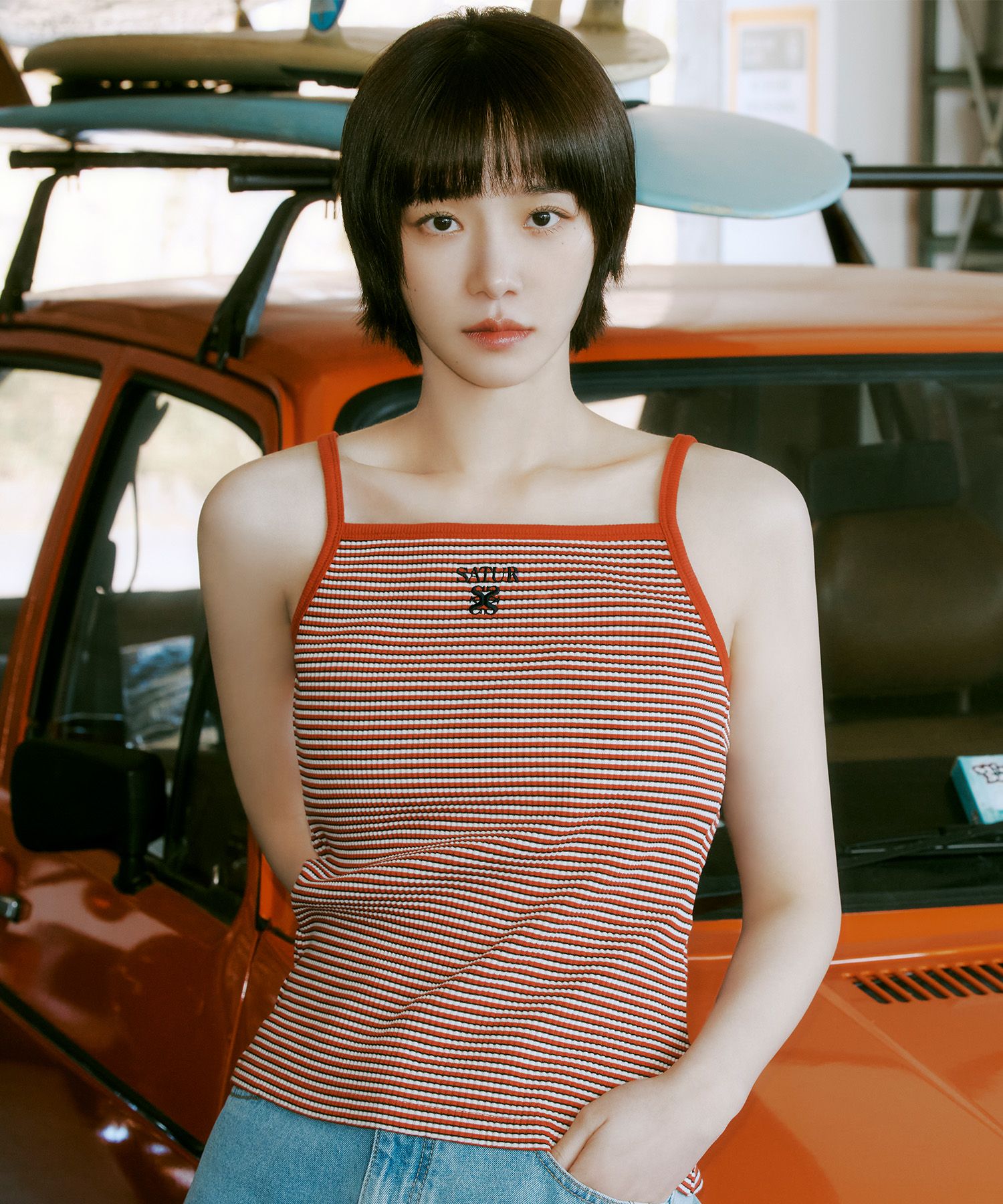 MUSINSA | SATUR (W) Apero Logo Stripe Sleeveless Top Red