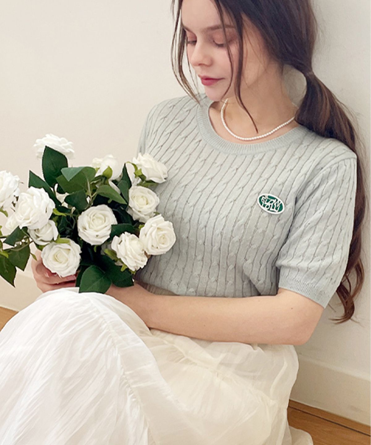 슬로우롤리(SLOWLOLLI) Half sleeve cable knit - Mint