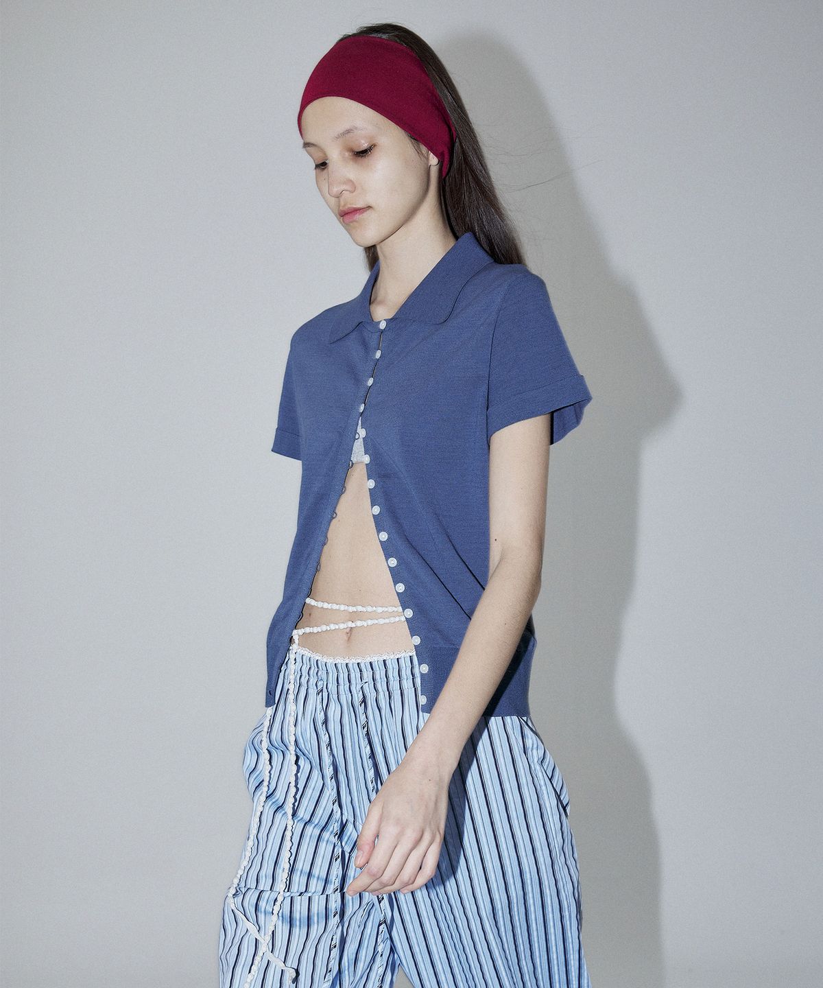 엔오르(EN OR) CONTRASTING BUTTONS SHIRT CARDIGAN - BLUE