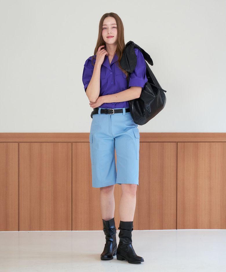 스카이블루 데님 코튼 블렌드 하프 팬츠