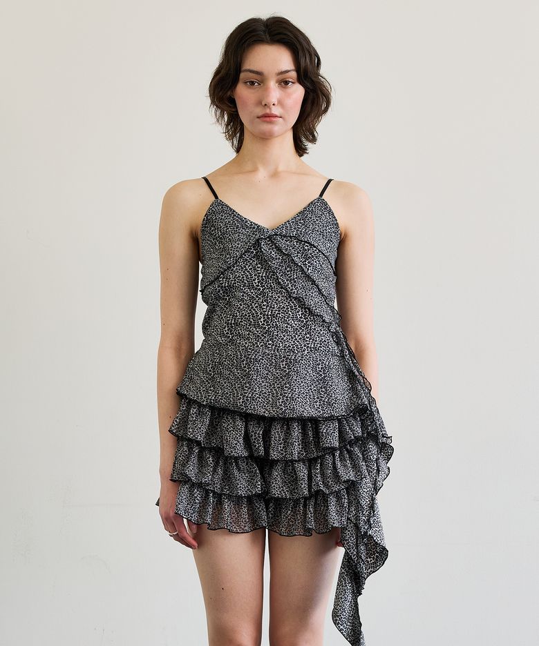LEOPARD FRILL SLEEVELESS TOP / GRAY