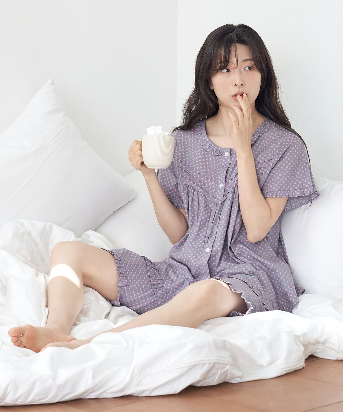 메이플라워(MAY FLOWER) 퍼플핑크도트 반팔 순면 여성 빅사이즈 잠옷 세트