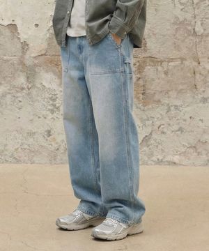바이오워싱 카펜터 와이드 데님 팬츠 [라이트블루]