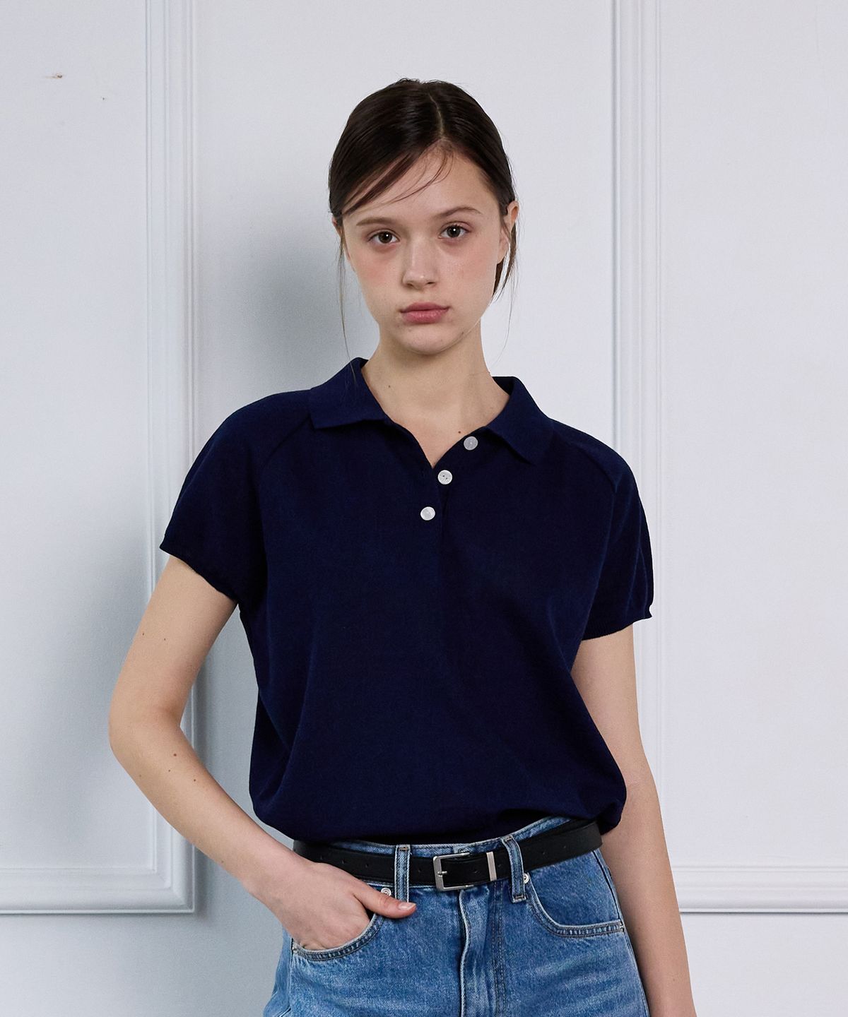 힐리오트(HEALIOTE) SIMPLE COLLAR HALF KNIT_NAVY