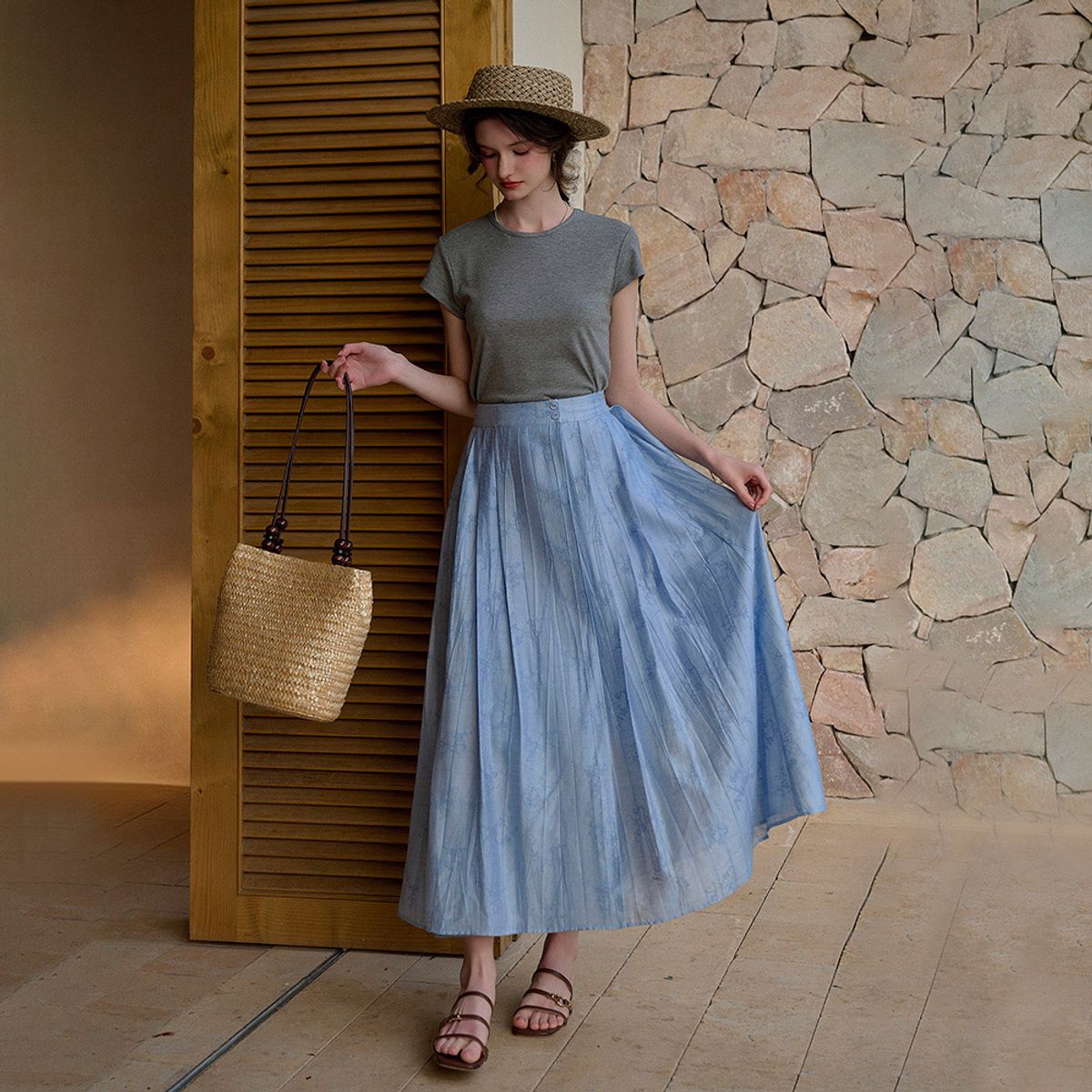 심플레트로(SIMPLE RETRO) SR_Vertical jacquard buckle skirt