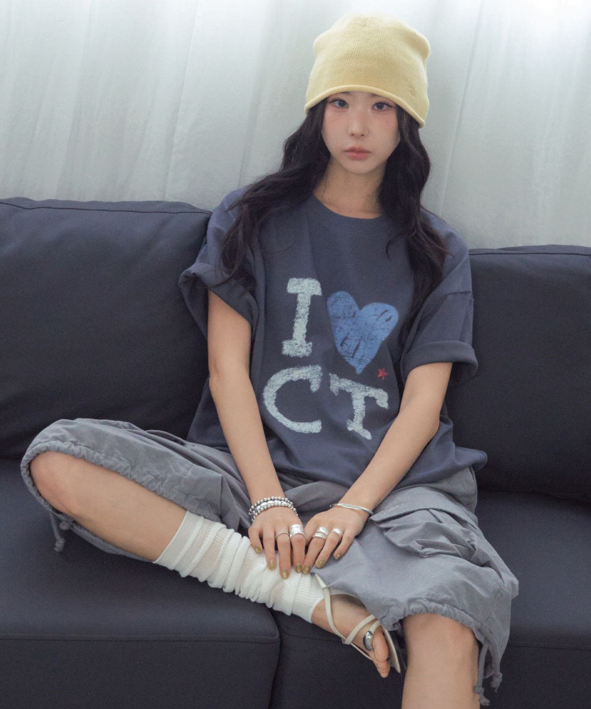 씨타(CITTA) 아이럽 씨티 오버핏 티셔츠_CTT381(차콜)
