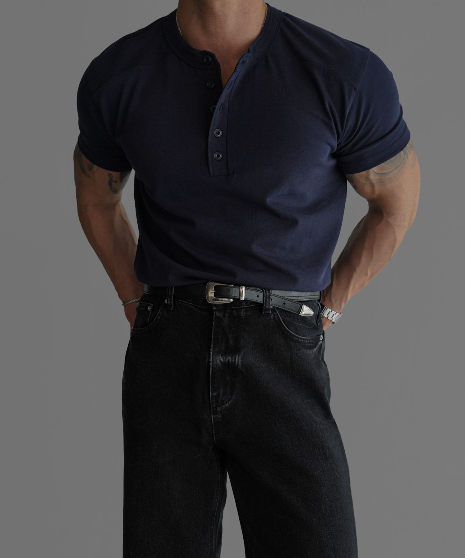 ◆bowlow◆ Panel henley neck t-shirt navy MUSINSA | BOWLOW PRODUCT Panel Henley Neck T-Shirt [Navy]