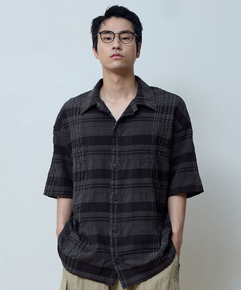 WRINKLE HALF SLEEVE COLLAR CARDIGAN (BROWN CHECK)