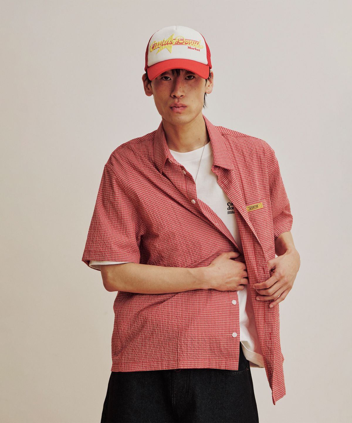 캑터스도넛마켓(CACTUSDONUTMARKET) Mini Label Check Half  Shirt - Red
