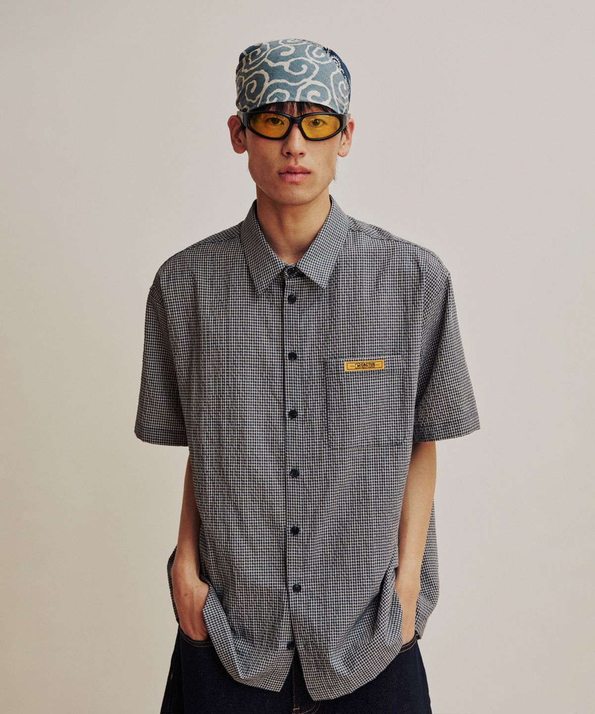 캑터스도넛마켓(CACTUSDONUTMARKET) Mini Label Check Half  Shirt - Blue