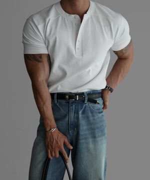 패널 헨리넥 티셔츠 [아이보리]