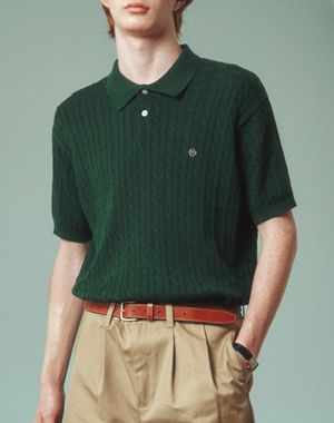 케이블 카라 남자 반팔 니트 [에버그린]