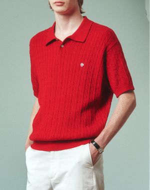 케이블 카라 남자 반팔 니트 [레드]